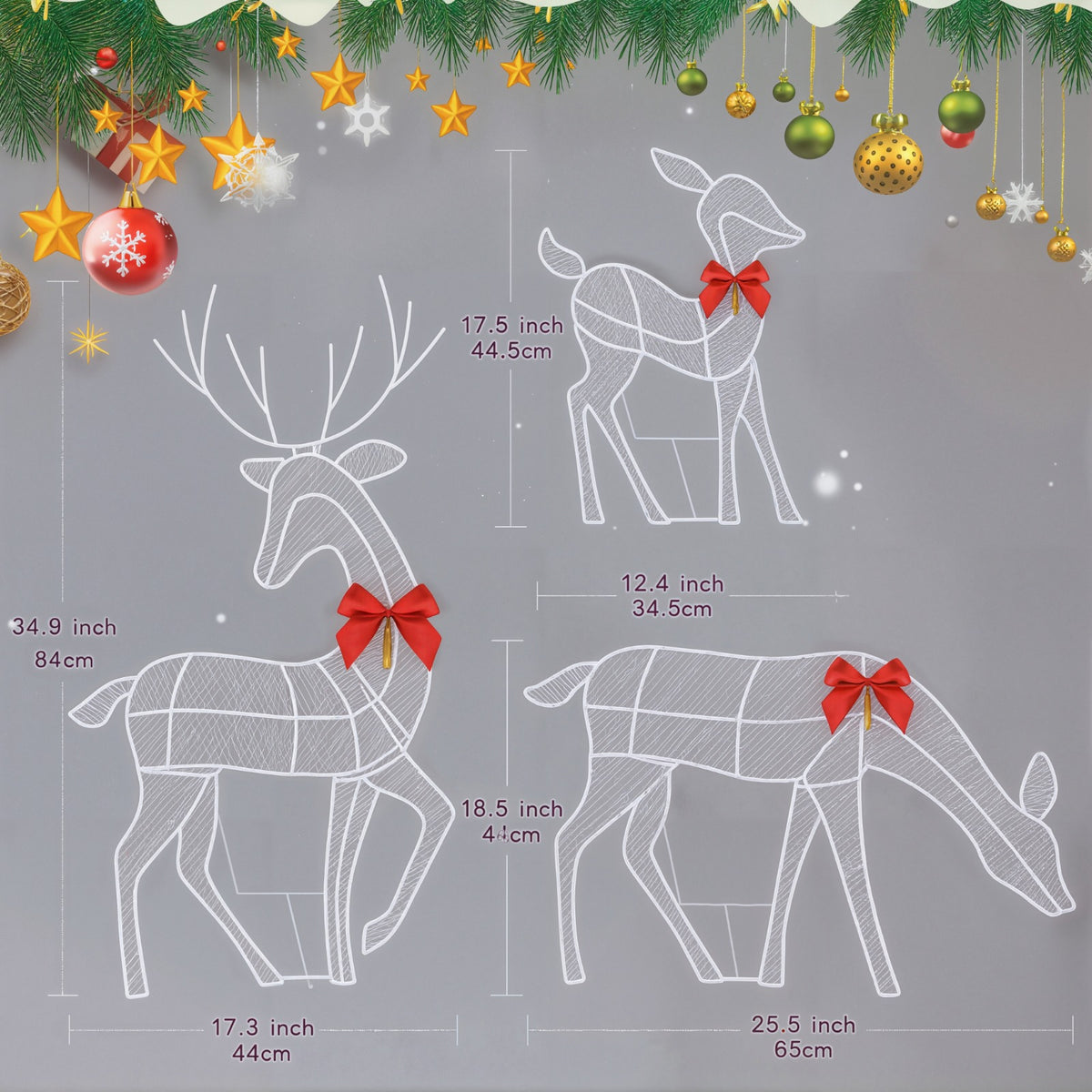 Three white wire-frame reindeer decorations with red bows are shown on a gray background with measurement labels and festive hanging ornaments and pine branches along the top.