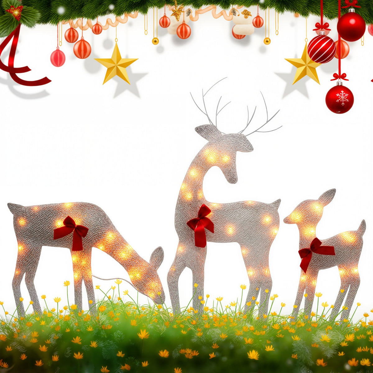 Three lighted deer yard decorations with red bows, displayed in a festive Christmas scene with green pine garland, red ornaments, gold stars, and yellow flowers on a white background.