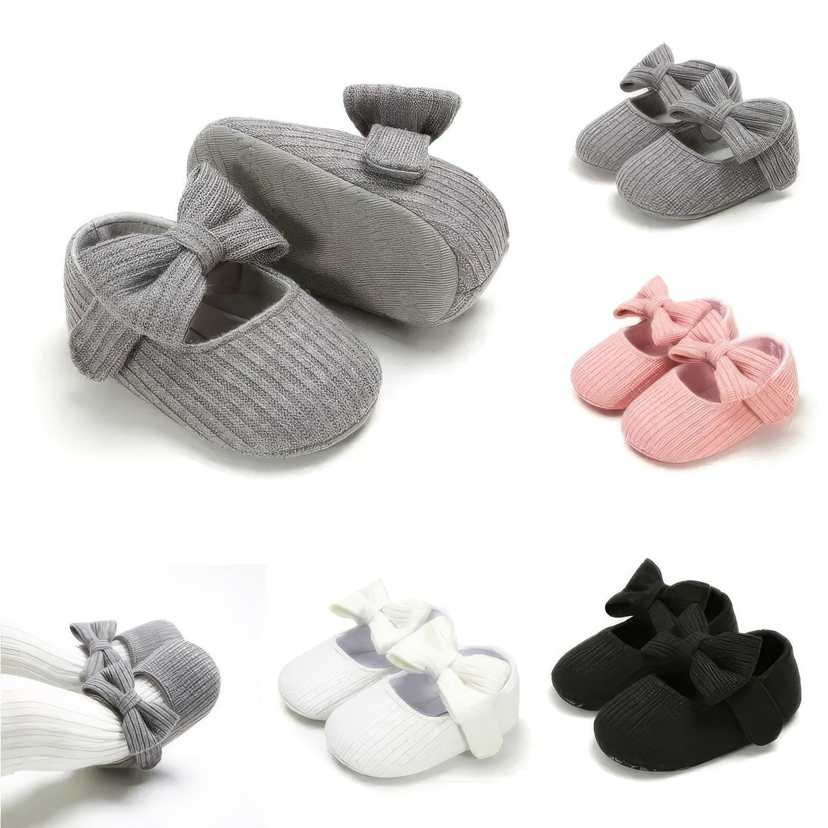 Set of baby shoes in gray, pink, white, and black with bows on a white background.
