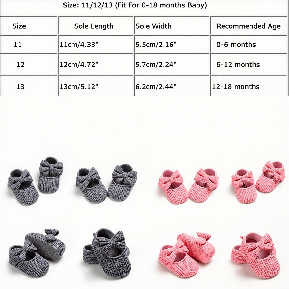 Size chart and product grid for baby booties. The top section shows a size table with Sole Length, Sole Width, and Recommended Age for sizes 11, 12, and 13.