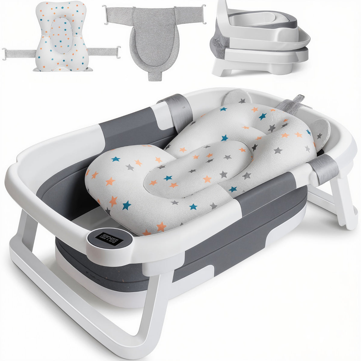 Baby bath tub set with a white and gray foldable bassinet, a star-patterned foam insert, and three small inset views showing included accessories on a white background.