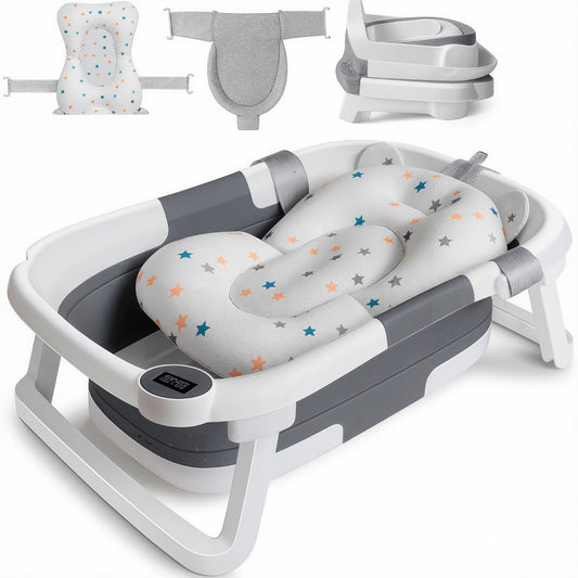 Baby bath tub set with a white and gray foldable bassinet, a star-patterned foam insert, and three small inset views showing included accessories on a white background.
