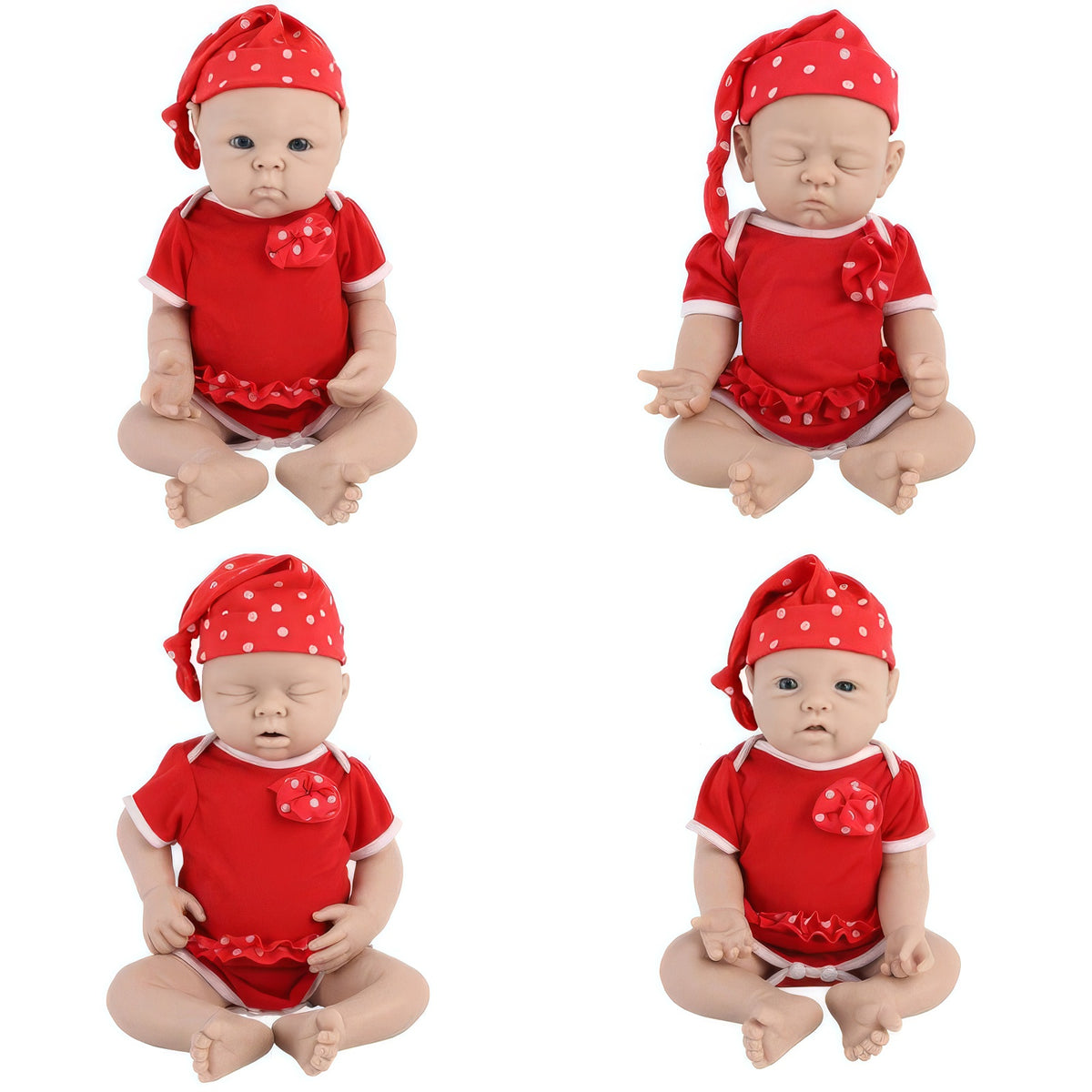 Four views of a realistic baby doll wearing a red short-sleeve romper with white trim and a matching red hat with white polka dots, shown on a plain white background.