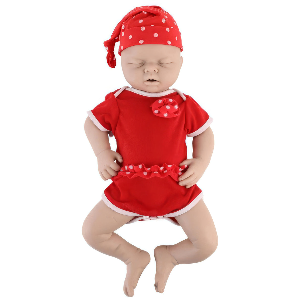 A baby doll or mannequin wearing a red short-sleeve romper with white trim, a matching red hat with white polka dots, and a red bow with white polka dots, posed against a plain white background.