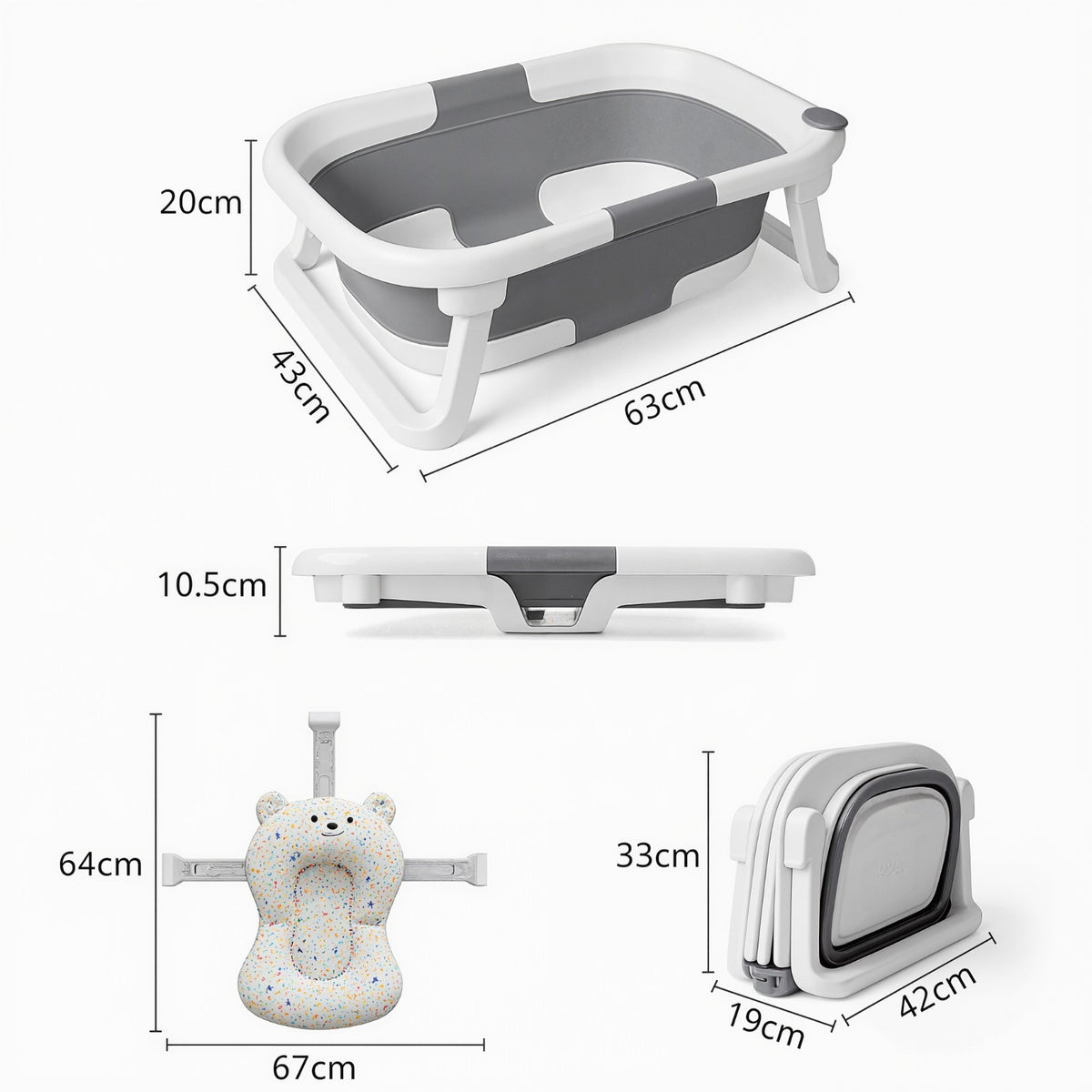 A baby bathtub set shown with multiple views and dimension labels on a light gray background. The set includes a foldable white and gray bathtub, a matching storage bag, a bear-shaped baby support seat with multicolor speckles, and a small footstool.
