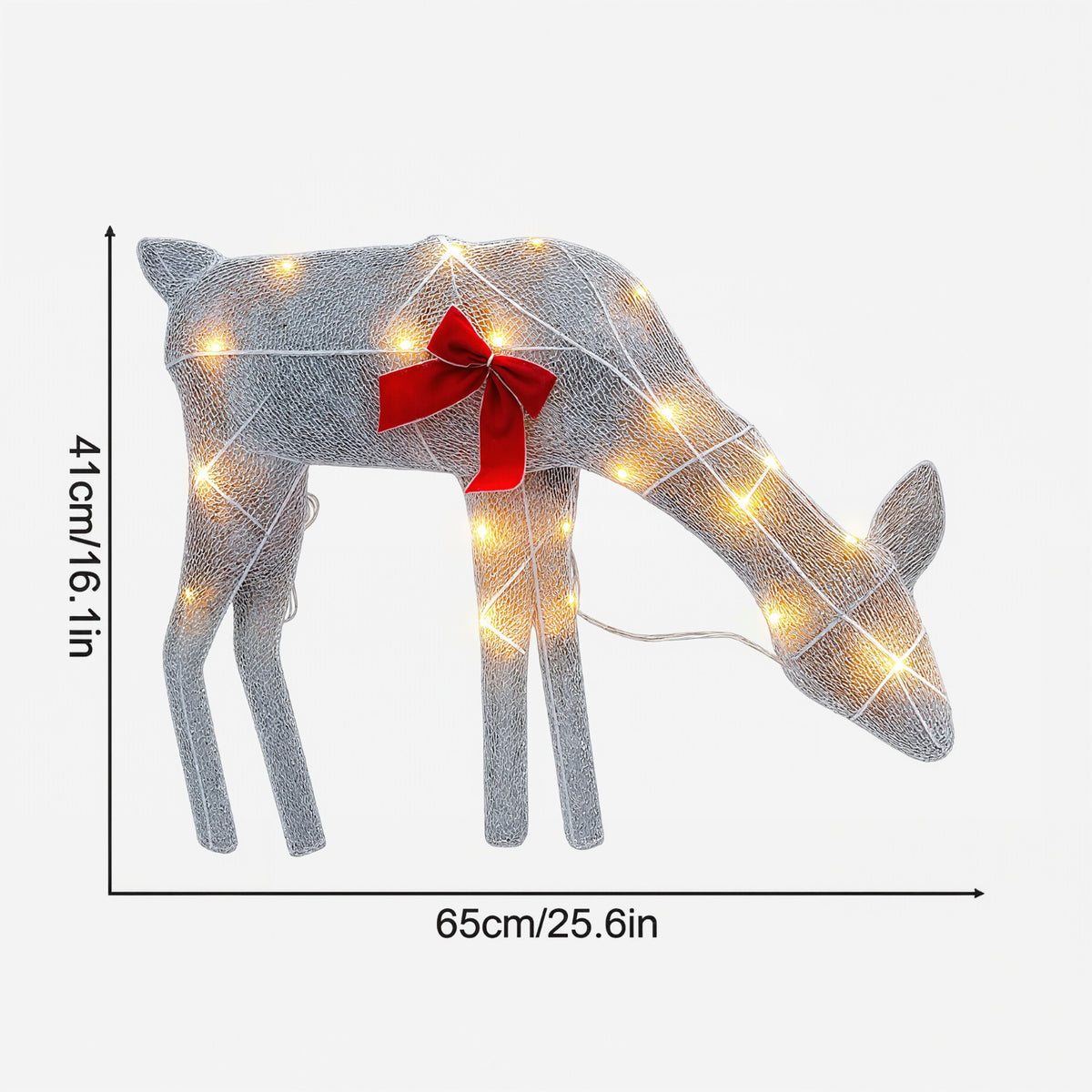 A wire-frame deer decoration with warm white string lights and a red bow, shown on a light gray background with dimension markers indicating 65cm by 41cm.
