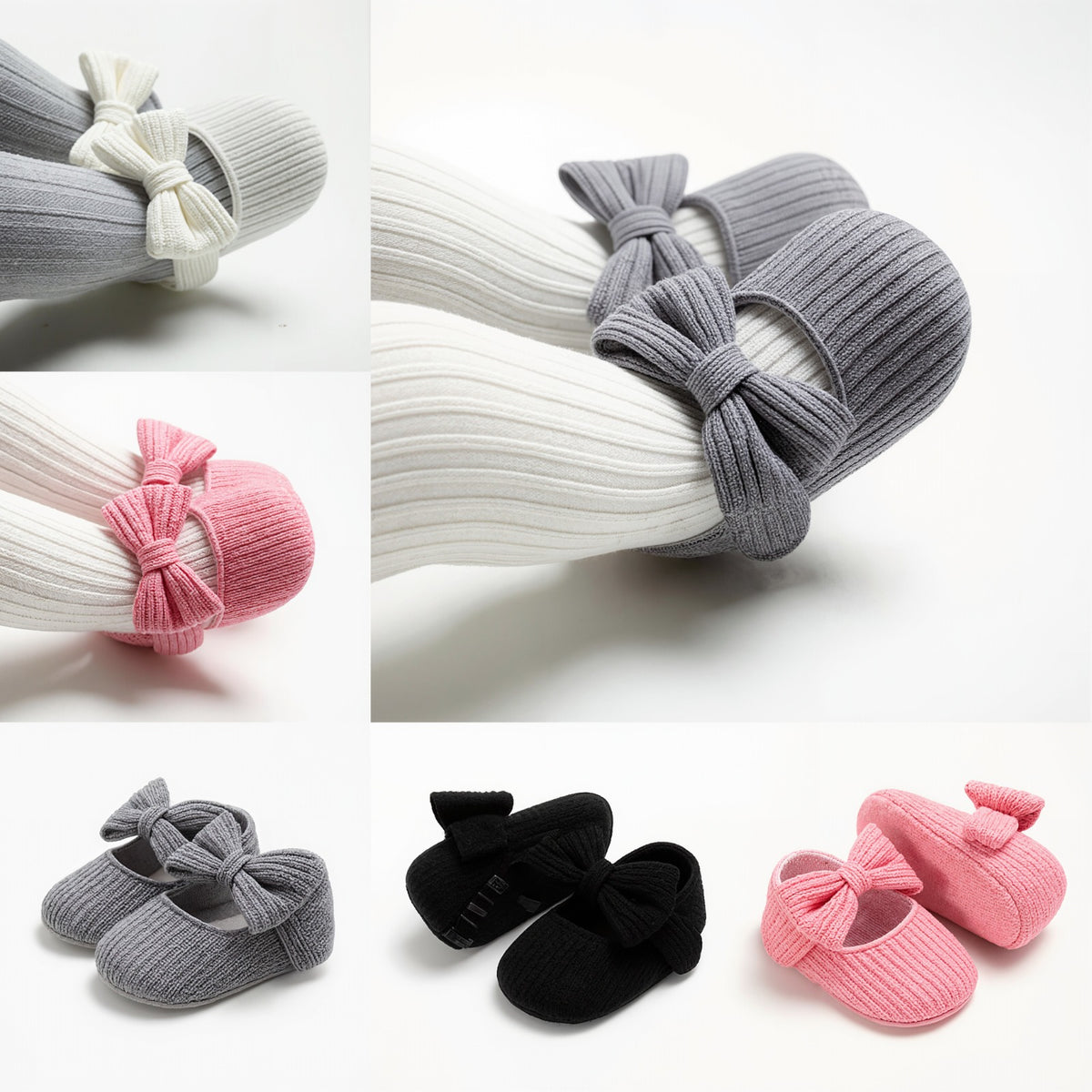 Six pairs of baby booties with knitted bows, shown in white, gray, pink, and black. Each pair is displayed on white ribbed socks against a clean white background, arranged in a 2x3 grid.