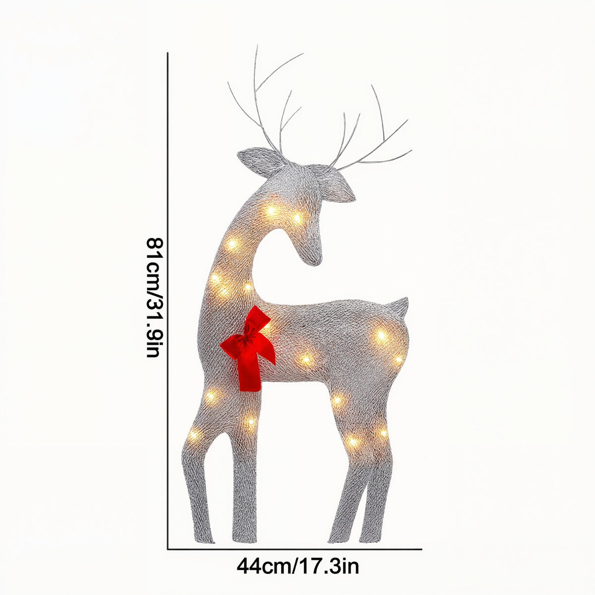 A silver glittery deer decoration with warm white LED lights and a red bow, shown with height and width measurement markings on a plain white background.