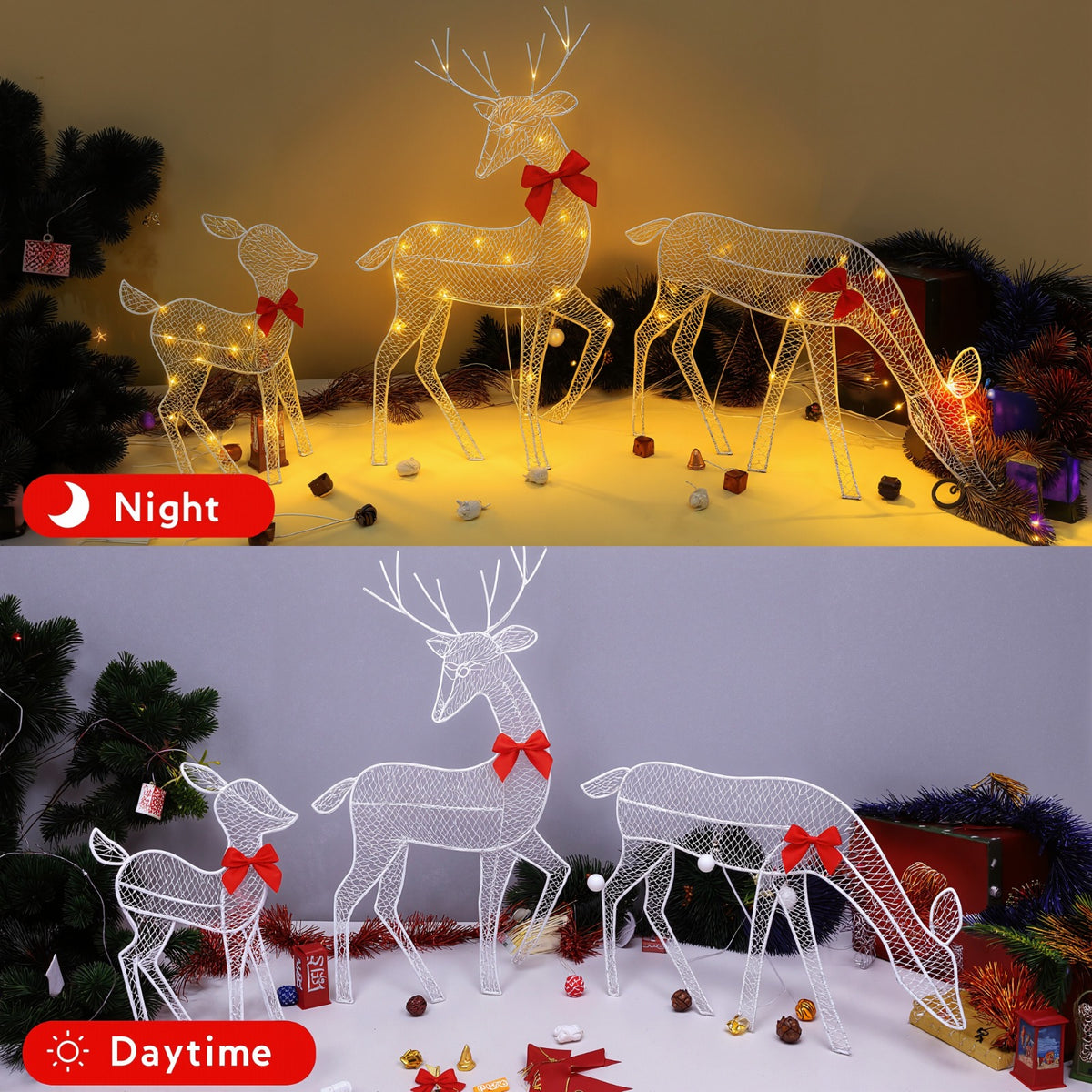 Three wire-frame deer Christmas light decorations with red bow accents, shown in a nighttime scene at the top and a daytime scene at the bottom, with labels 'Night' and 'Daytime'.
