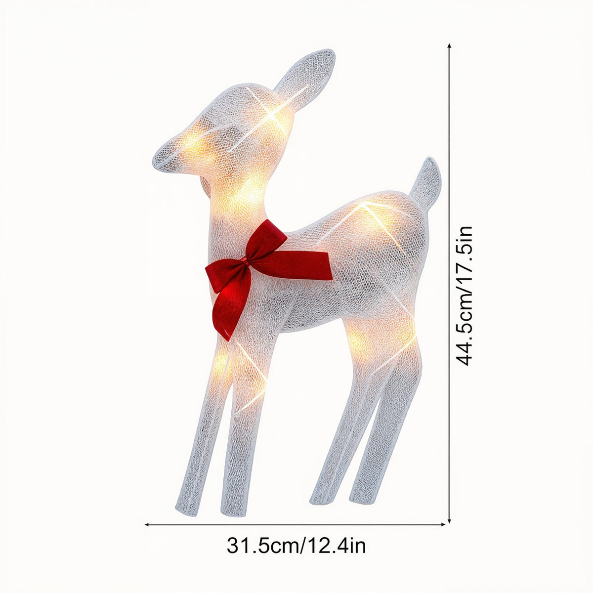 A lit white wire-frame deer decoration with a red bow around its neck, shown on a white background with dimension markers indicating 31.5 cm wide by 44.