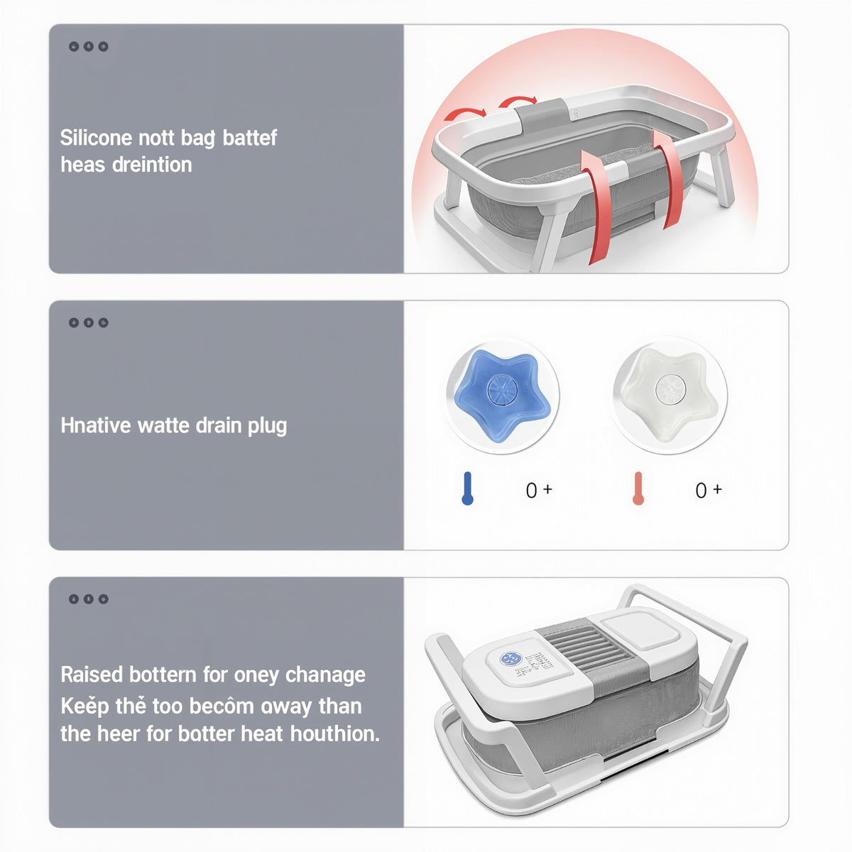 A three-panel product feature graphic showing a gray and white folding bath mat with red support straps, drain plug options, and raised bottom details, with explanatory text in English and Malayalam.